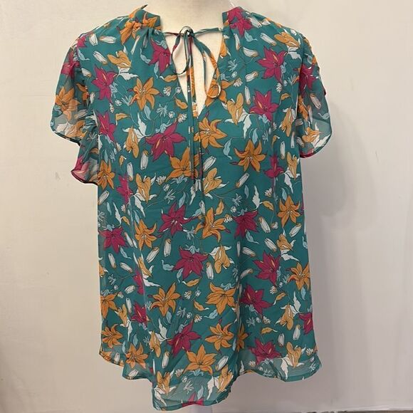 Beacon Apparel turquoise floral ruffle short sleeve blouse Size M New - Picture 2 of 11
